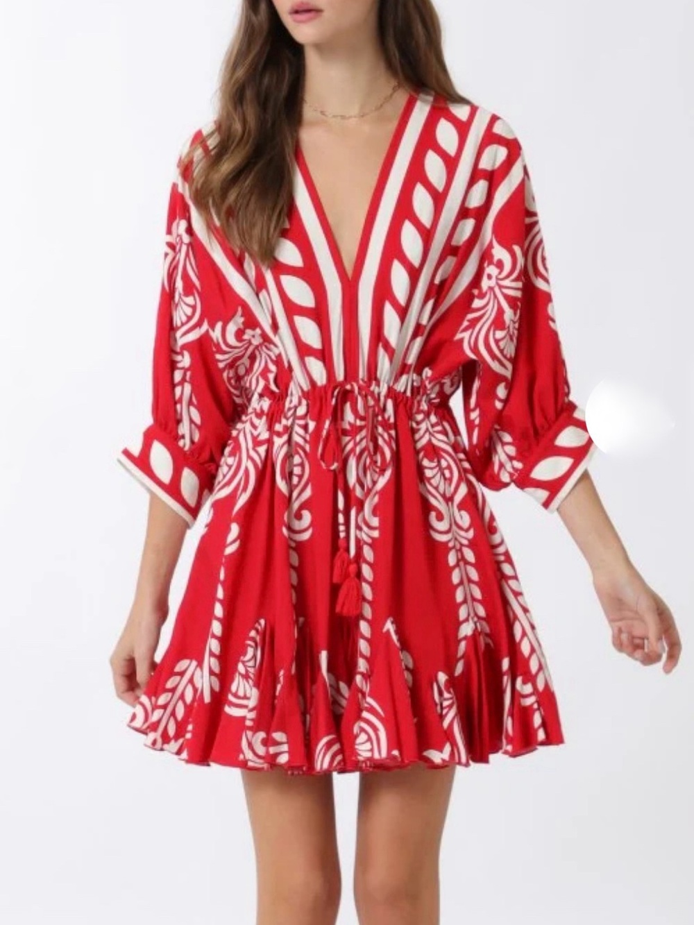 Aakaa Red and White Printed V-Neck Dress with Drawstring